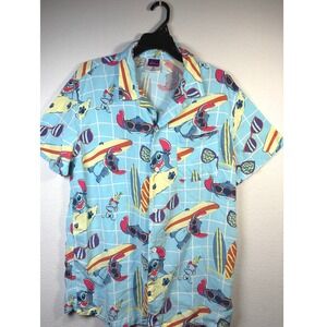 Disney Stitch Button Up Mens Medium Blue Aloha Surfing Rayon Aloha Shirt